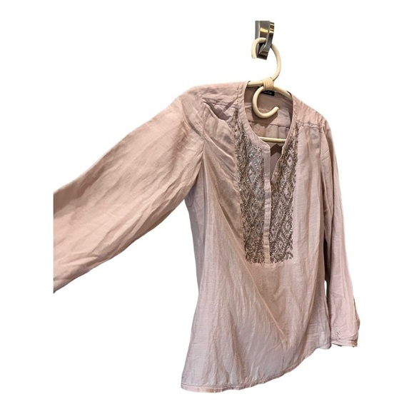 Massimo Dutti Silk Blend Taupe Beaded Split Neck Pullover Peasant Blouse XS - Picture 13 of 16